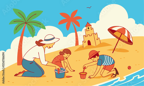 Beach Picnic Illustration: Whimsical Vector Style of People Enjoying Together
