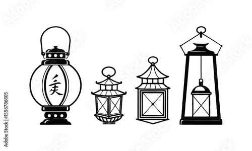 Old vintage street lamp post with electric glass lantern illumination silhouette vector art icon on white background.
