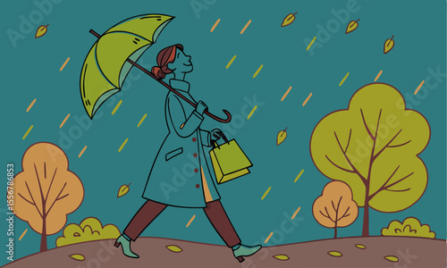Vector image of a young girl walking in the park with an umbrella.