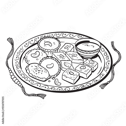 A decorative black and white illustration of traditional indian sweets on a plate