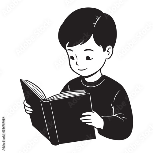 A black and white illustration depicting a young boy concentrating while reading a book