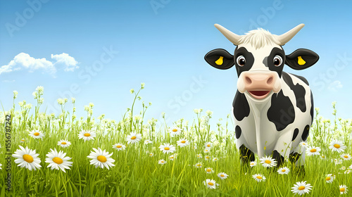 Cow in Daisy Field with Blue Sky