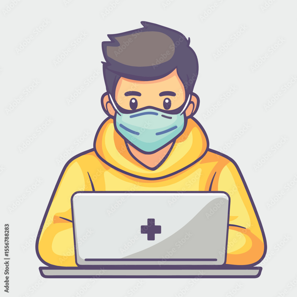 Man who is working using leptop, part of working from home,use medical mask as preventative way in coronavirus pandemic Man who is working using leptop, part of working from home,use medical mask as preventative way in coronavirus pandemic