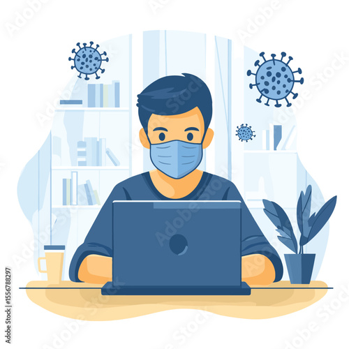 Man who is working using leptop, part of working from home,use medical mask as preventative way in coronavirus pandemic