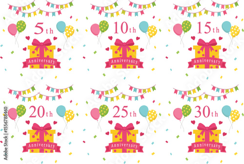 カラフルでポップな周年記念デザインセット（5周年 10周年 15周年 20周年 25周年 30周年）｜アニバーサリー,記念,お祝い

