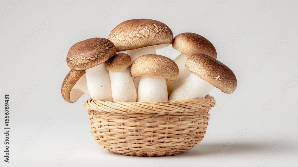 Fresh Brown and White Mushrooms in a Small Woven Basket on a Clean White Background for Culinary, Cooking, and Healthy Food Photography Fresh Brown and White Mushrooms in a Small Woven Basket on a Clean White Background for Culinary, Cooking, and Healthy Food Photography