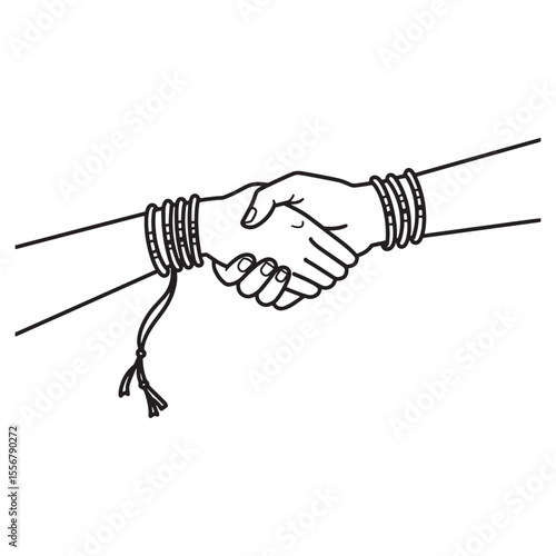 Handshake illustration with ornate bangles representing agreement and collaboration in black and white