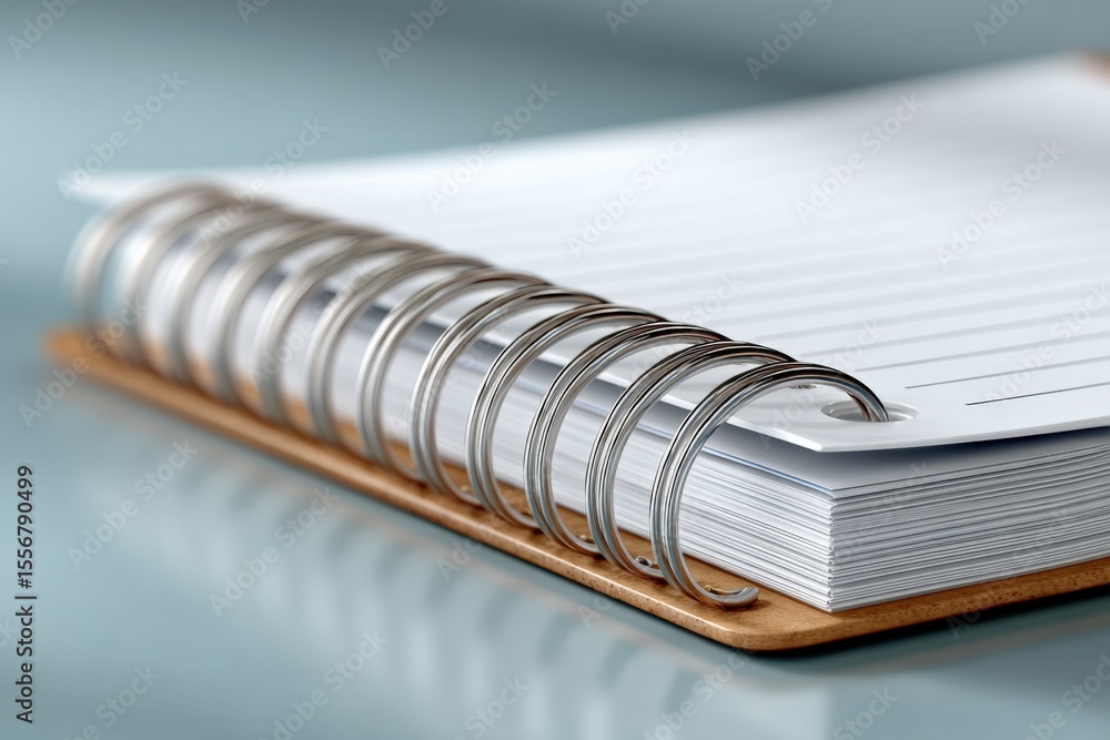 Close-up of a spiral-bound notebook with blank lined pages on a reflective surface for writing planning or note-taking purposes Close-up of a spiral-bound notebook with blank lined pages on a reflective surface for writing planning or note-taking purposes
