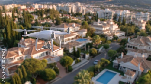 Aerial View of Residential Neighborhood with Swimming Pool and Drone Flying Over Suburban Area Du Daylight in Bright Weather
