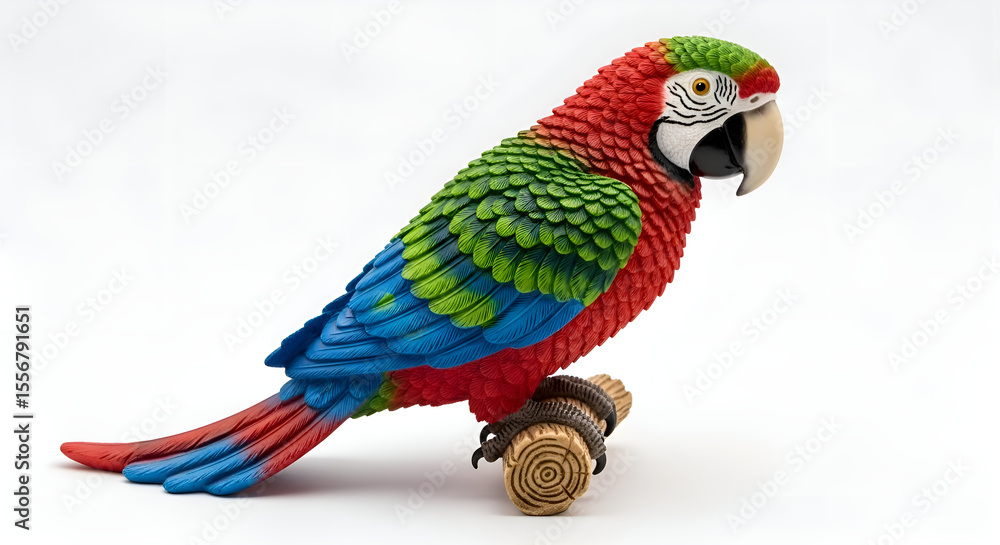 Fototapeta premium A faced right parrot figurine with bright feathers, perched pirate style, on white background