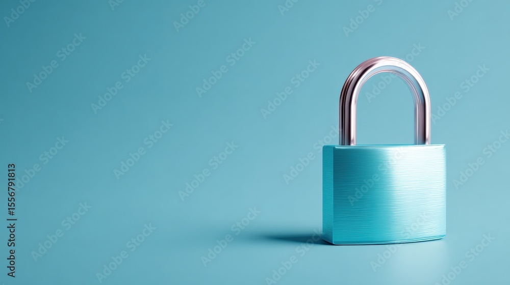 Naklejka premium Close-up of a blue padlock with metallic shackle on solid light blue background symbolizing security protection and safety