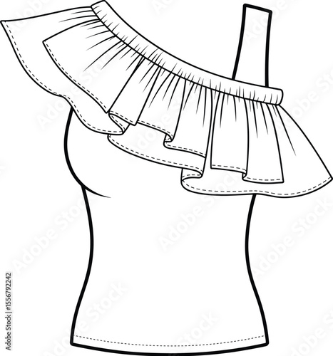 One shoulder ruffle top fashion sketch, ladies summer blouse technical drawing, trendy asymmetrical shirt cad, flat vector illustration