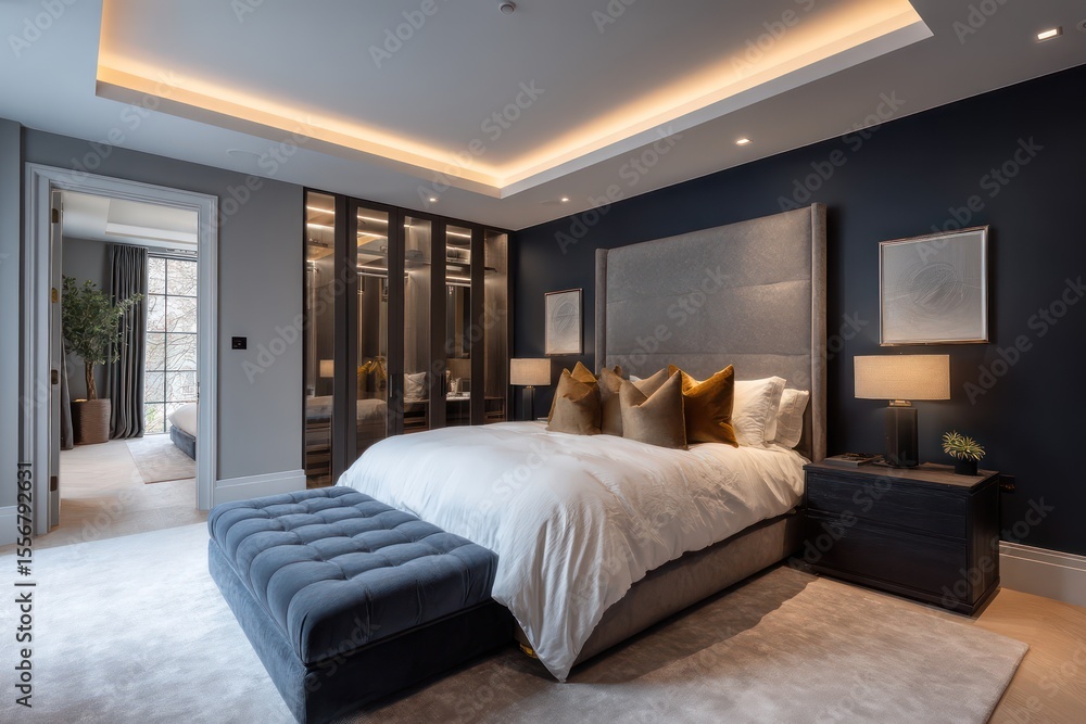 Fototapeta premium luxurious guest bedroom in champagne gold and deep navy, rim lighting creating elegant silhouettes, soft linen textures on