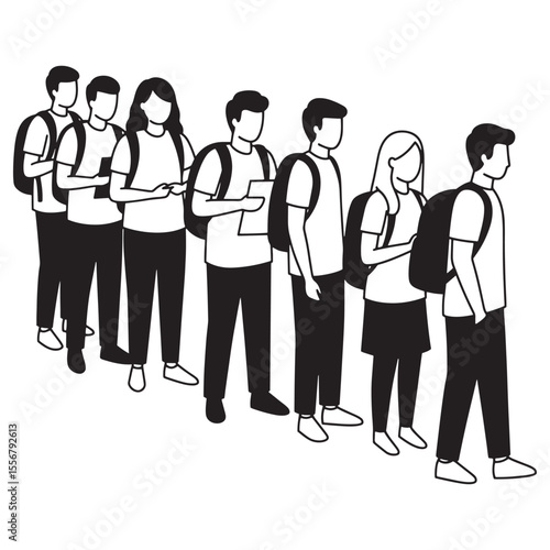 Students waiting in a line silhouette with backpacks and paper document isolated on white