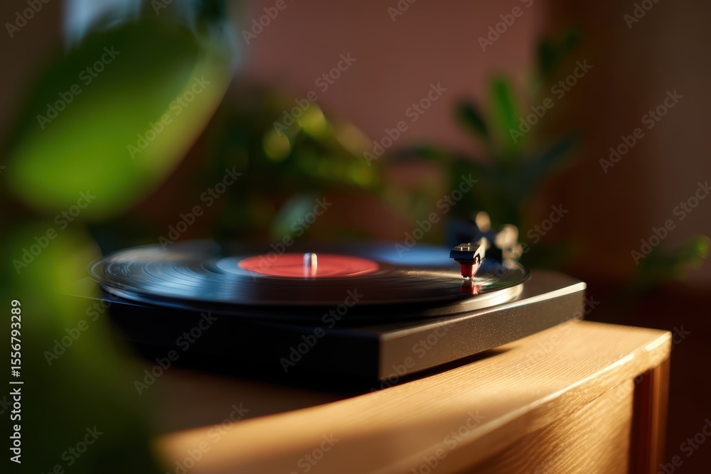 Obraz premium Classic vinyl record spinning on vintage turntable in cozy room