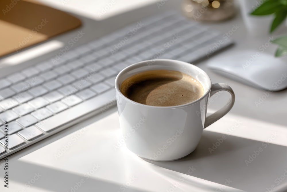 Professional workspace with desktop computer, keyboard, and coffee cup on a white desk Professional workspace with desktop computer, keyboard, and coffee cup on a white desk