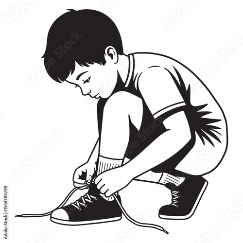 Young boy crouching down and tying his shoe laces on white background