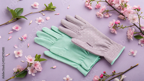 Pastel gardening gloves with cherry blossoms on purple background
