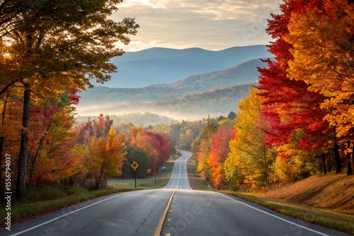 Scenic autumn road winding through vibrant foliage with misty mountains in the background