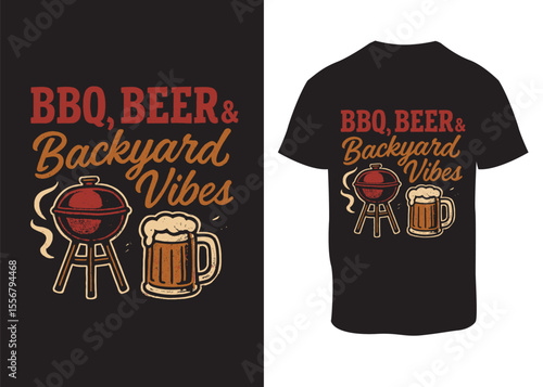 BBQ Beer and Backyard Vibes T-Shirt Design – Grill and Beer Mug Vector Illustration