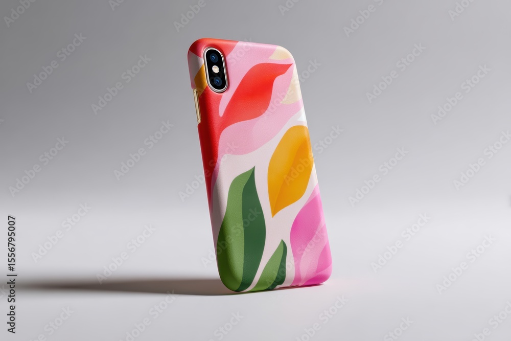 Obraz premium Clean smartphone case mockup showing vibrant design on neutral gray background