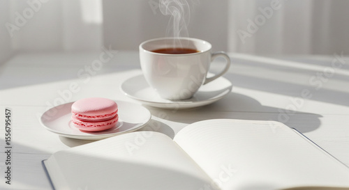  Morning scene with tea cup, notebook, and pastel pink macaron on white wooden table