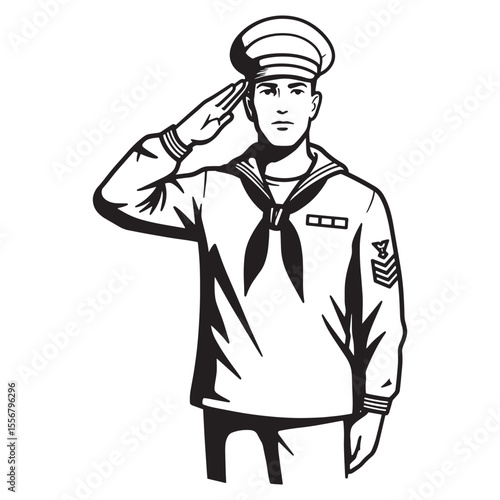 A vector illustration of a saluting us navy sailor in a classic black and white style
