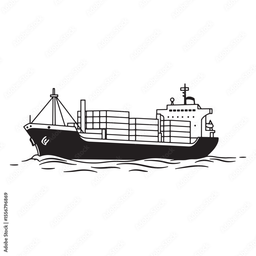 Obraz premium Black and white illustration of a container ship sailing on wavy ocean water