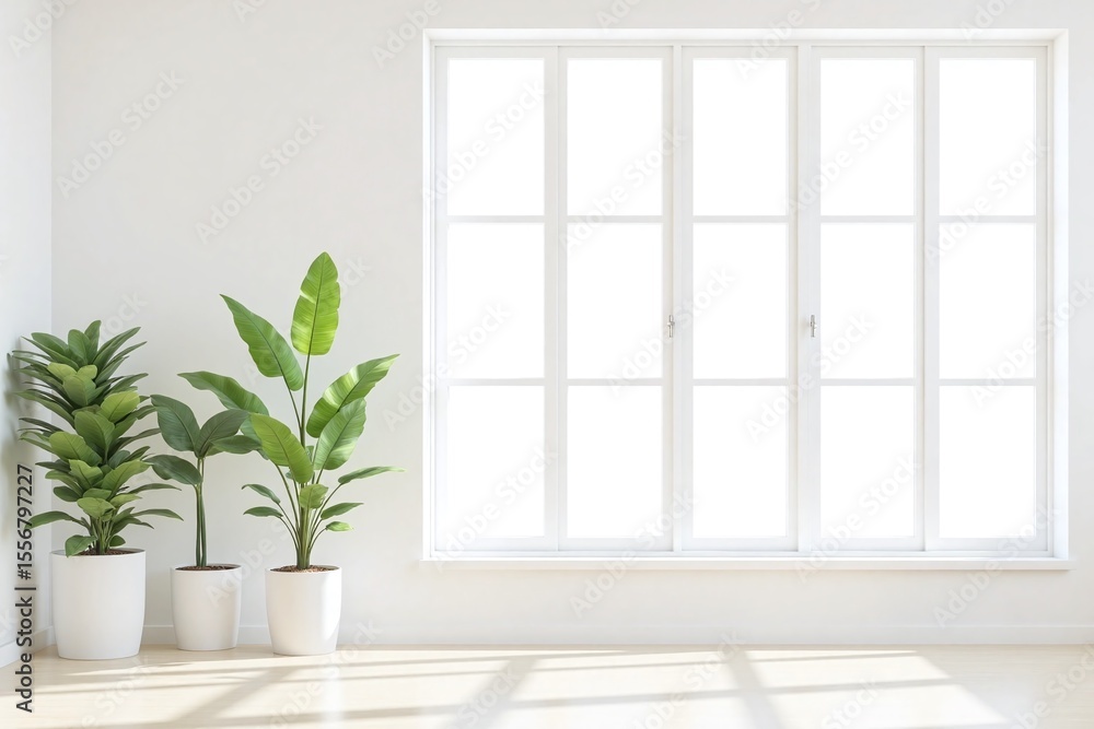 Fototapeta premium room with two potted plants in front of a large window