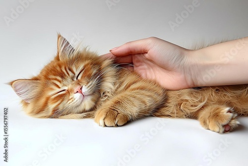 Portrait of a woman's hand stroking a ginger cat with smile on Isolated white background , isolated on white background,  , copy space, copy space for text,