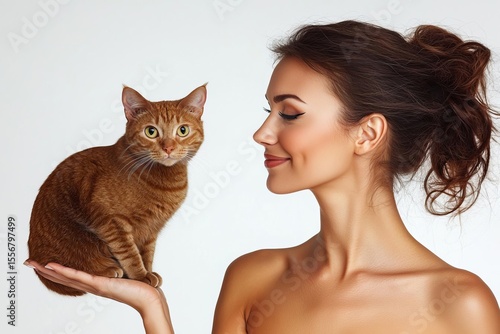 Portrait of a woman's hand stroking a ginger cat with smile on Isolated white background , isolated on white background,  , copy space, copy space for text,