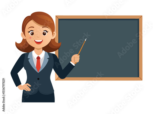 Friendly cartoon female teacher in a suit pointing at a blackboard with a pointer stick isolated on white background

