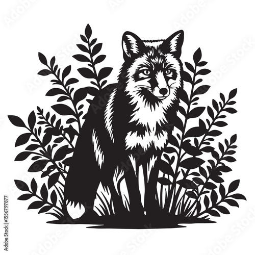 Elegant black and white illustration of a fox amidst lush foliage in a forest