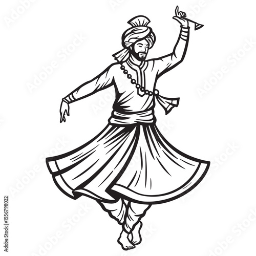 Elegant black and white illustration of a punjabi bhangra dancer in traditional attire