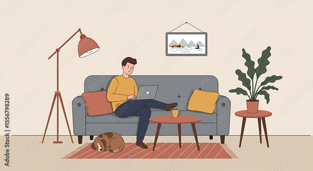 employee or freelancer works from home on a laptop, sitting on a cozy sofa . A flat vector showing a comfortable remote work lifestyle. Set for work from anywhere theme, remote work, lifestyle
employee or freelancer works from home on a laptop, sitting on a cozy sofa . A flat vector showing a comfortable remote work lifestyle. Set for work from anywhere theme, remote work, lifestyle