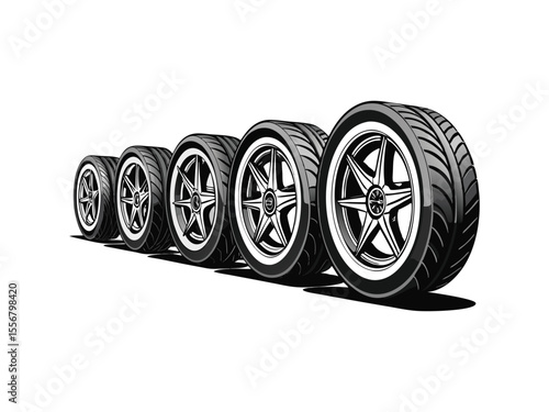 A lineup of five sleek alloy car wheels and tires with sporty tread patterns isolated on white background
