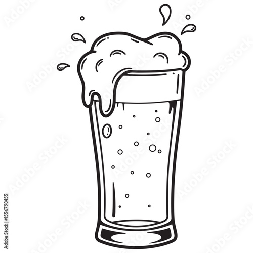 Hand drawn illustration of a beer glass overflowing with frothy foam and bubbles