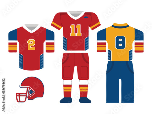 Collection of american football uniforms and helmet in red blue and yellow colors isolated on white background

