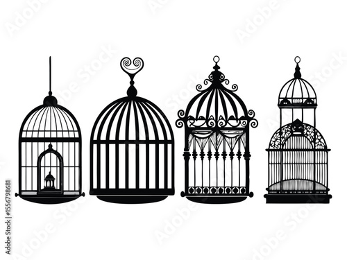 Collection of four ornate black silhouette bird cages with decorative tops and bases isolated on white background
