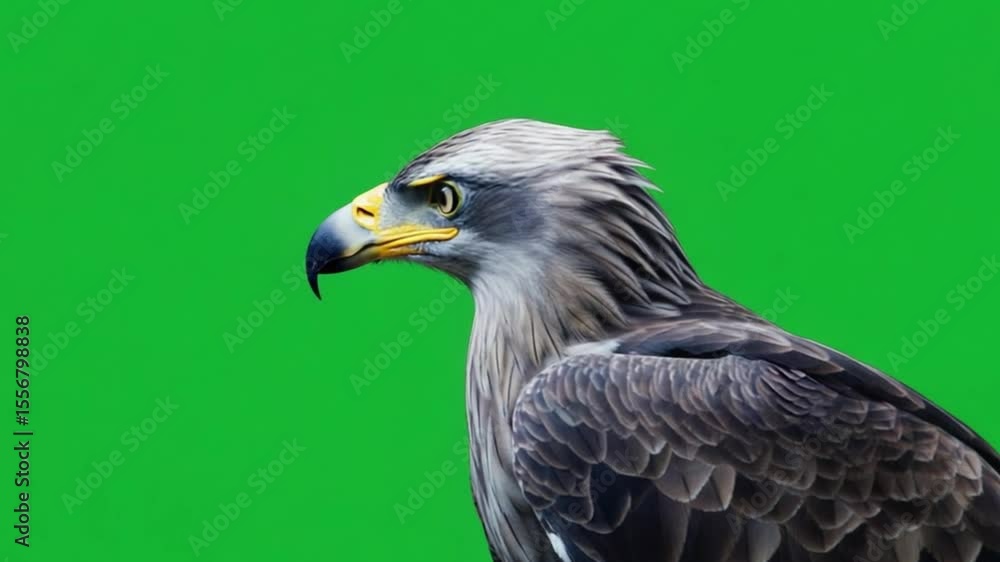 Majestic eagle portrait against a vibrant green backdrop, showcasing its sharp features and gaze Majestic eagle portrait against a vibrant green backdrop, showcasing its sharp features and gaze
