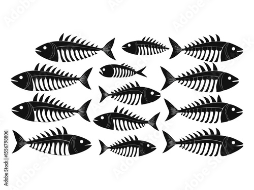 A school of stylized black fish skeletons swimming in unison isolated on white background
