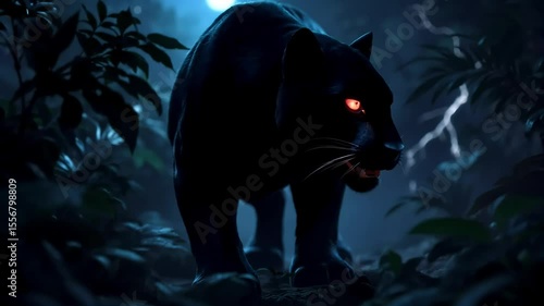 Glowing-Eyed Black Panther Stalking Through Jungle at Night with Lightning