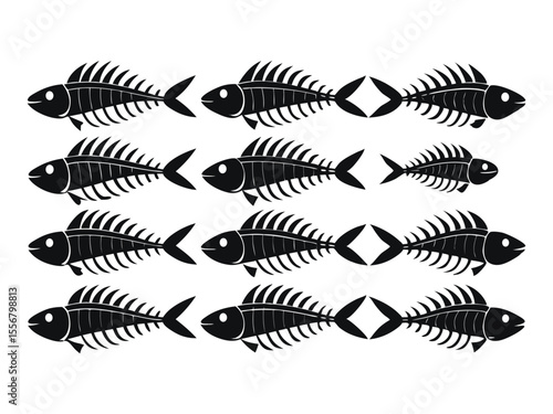 A repeating pattern of stylized black fish skeletons with white eyes and bone details isolated on white background
