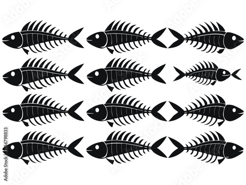 Pattern of stylized black fish skeletons facing each other in rows isolated on white background
