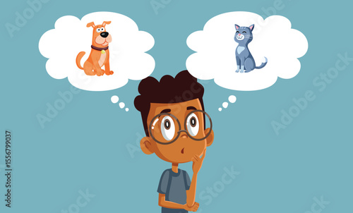 Undecided Child Thinking to Adopt a Pet Vector Character Illustration. Little boy deciding which animal to take home 
