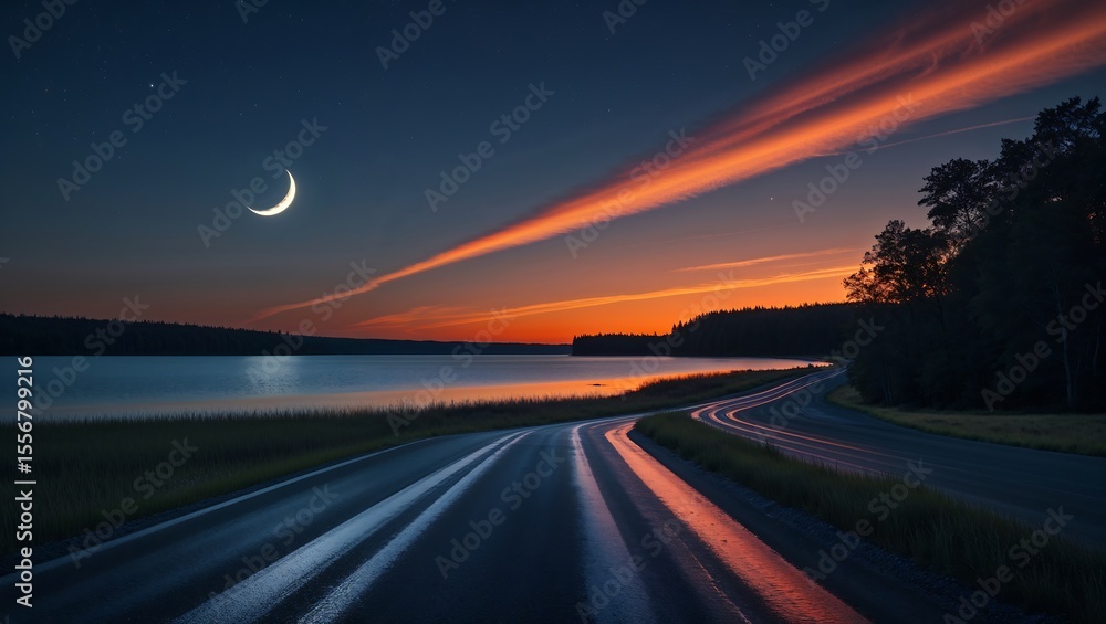 Naklejka premium Lake with road at twilight, crescent moon above while western horizon blazes orange, long exposure realism, dual-light dynamics.