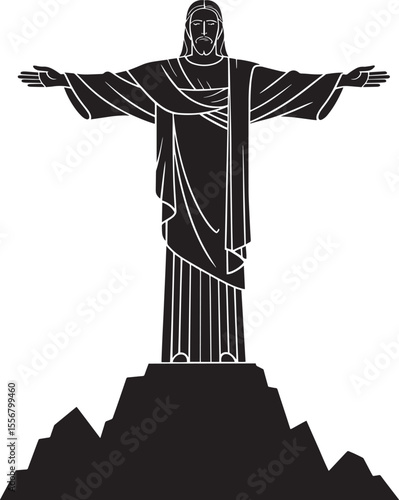 Black Silhouette Christ Redeemer Statue Arms Outstretched Mountaintop vector