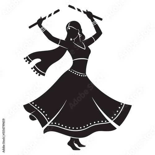 Silhouette of a dancing indian woman celebrating garba with colorful traditional dress