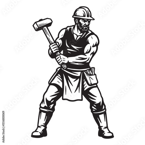 Strong construction worker swinging a sledgehammer preparing for building and development