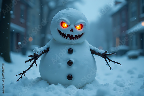 Menacing Snowman with Bright Eyes and Evil Grin on Snowy Road

